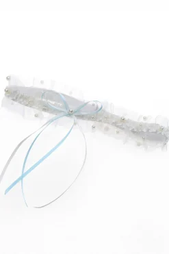 Strumpfband in Blau und Ivory mit Schleife und Kunstperlen